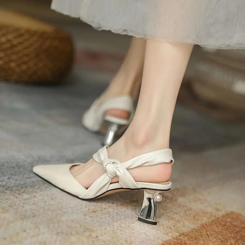 Fashion Leather for Office Work Sandals Women Footwear Yellow High Heels Pointed Toe Medium Summer 2024 Block Heel Ladies Shoes Pearl F