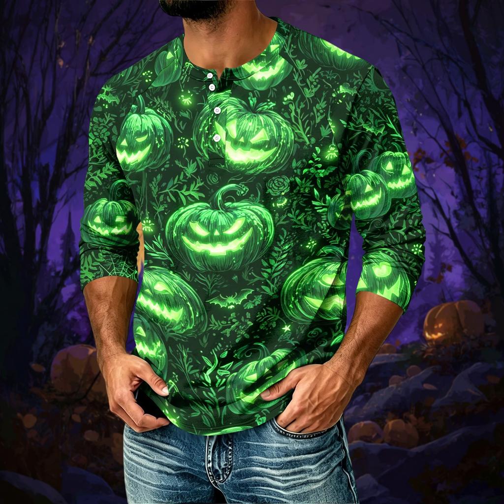Men's Casual Halloween Print Raglan Three-Quarter Sleeve Shirt