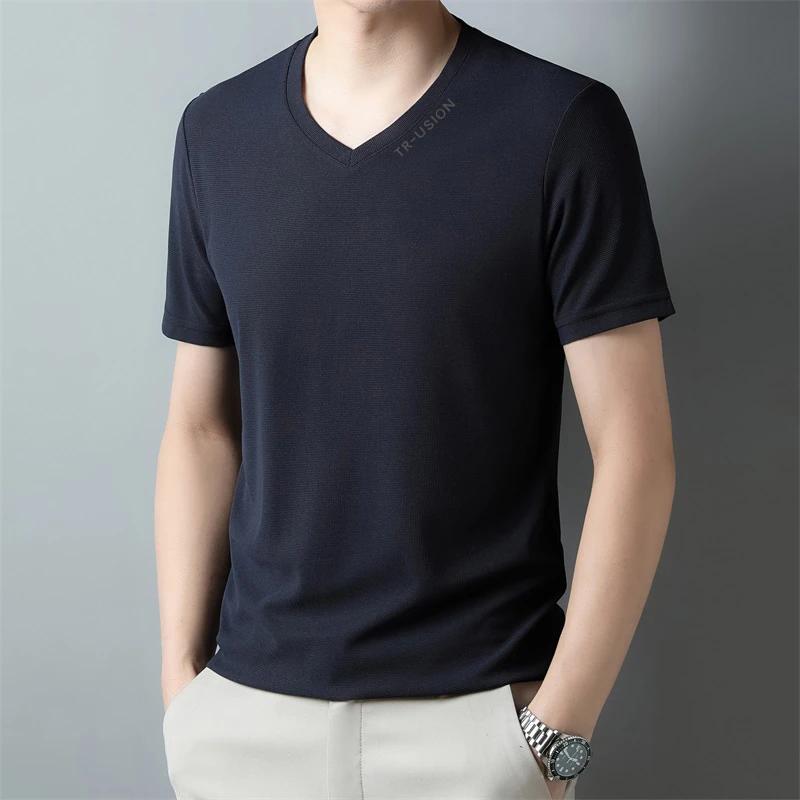 Men's Casual and Fashionable V-neck Solid Color Short Sleeved T-shirt Breathable and Comfortable Summer Versatile Top