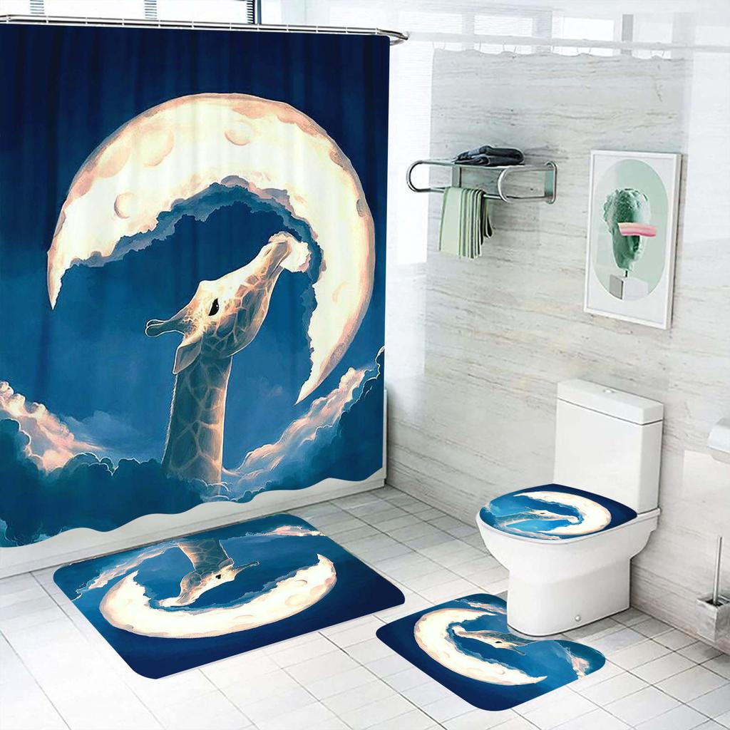Cartoon Deer Animal Giraffe Shower Curtain Bath 4 Pcs Set Cute Luxury Accessories Sets Full Mats Gifts for Boys Girls
