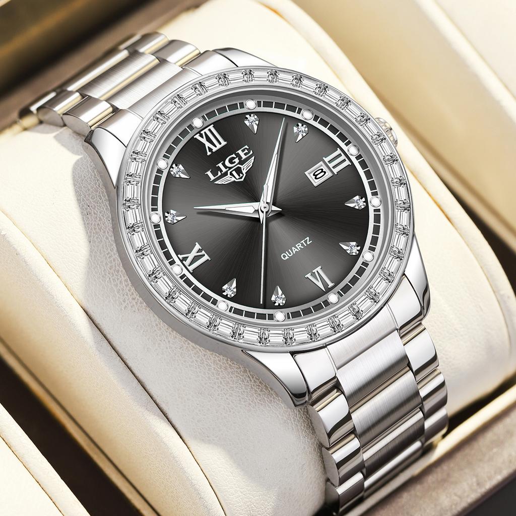 LIGE Quartz Wristwatch Luxury Women's Watch Luminous Calendar Stainless Steel Strap Fashion Waterproof Formal Mens Watch