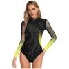 Womens Figure Skating Leotard Rhinestone Long Sleeve Hollow Out Design Ballet Gymnastic Training Bodysuit