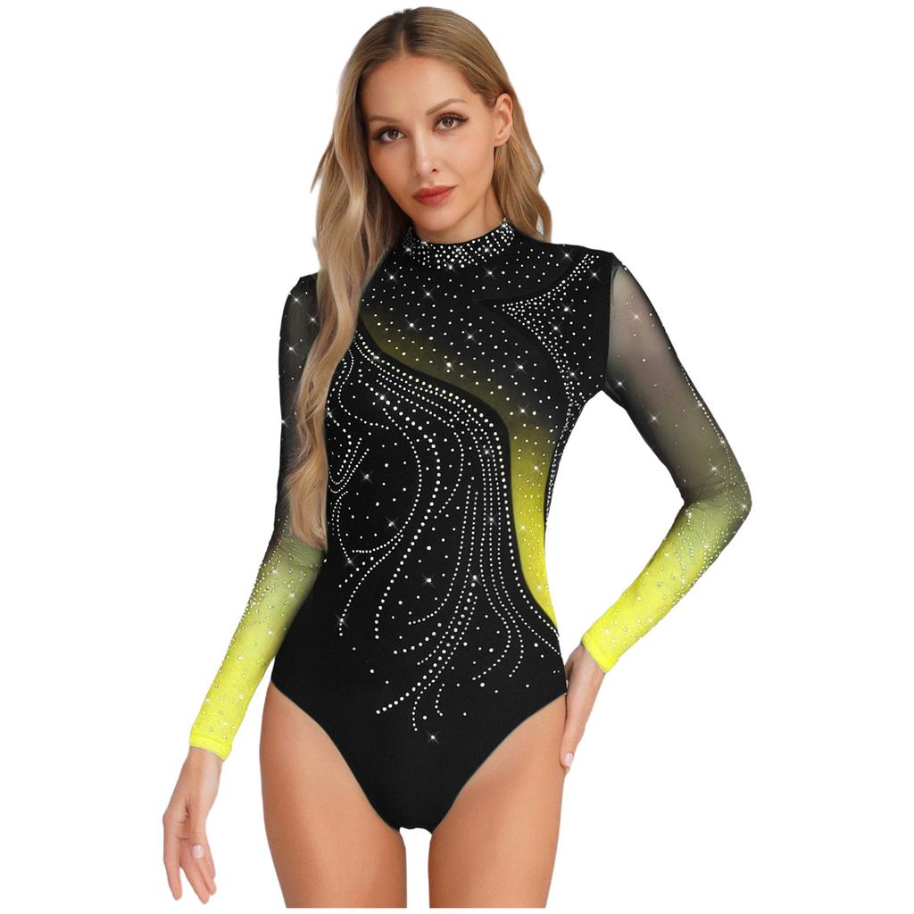 Womens Figure Skating Leotard Rhinestone Long Sleeve Hollow Out Design Ballet Gymnastic Training Bodysuit