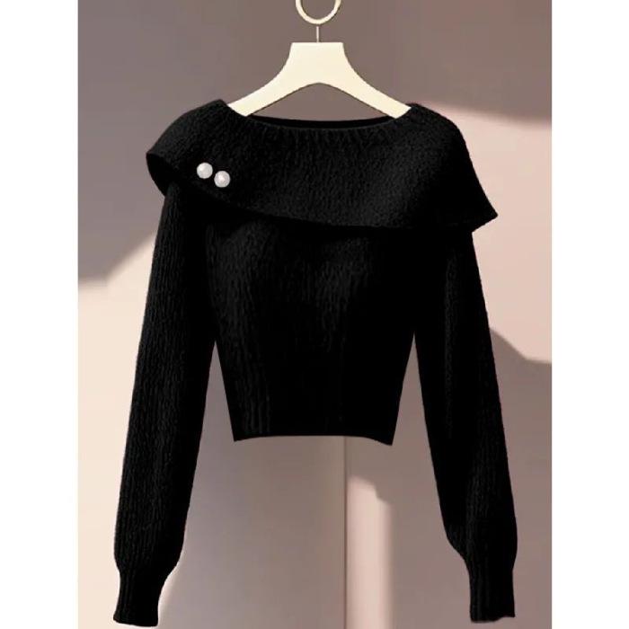 

2024 Осень/Зима Высококачественный вязаный свитер в стиле черного чая - Облегающий крой One Size Only чёрный