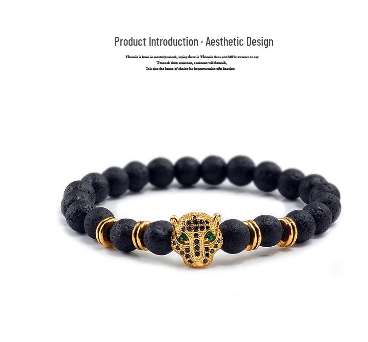 Volcanic Stone Beads Bracelet with Leopard Head and Diamond Circle - Trendy Elastic Hand Ornament