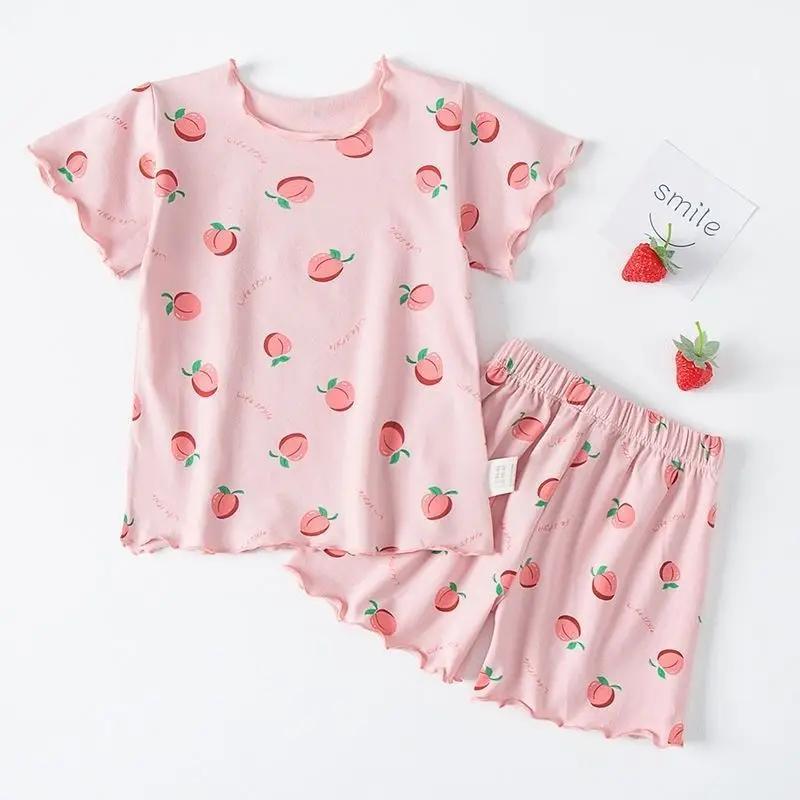 Girls Summer Pajama Set Strawberry Print Shorts Pink Peaches Tee Baby Cool Comfort Homewears Soft Breathable Sleepsuits for Play