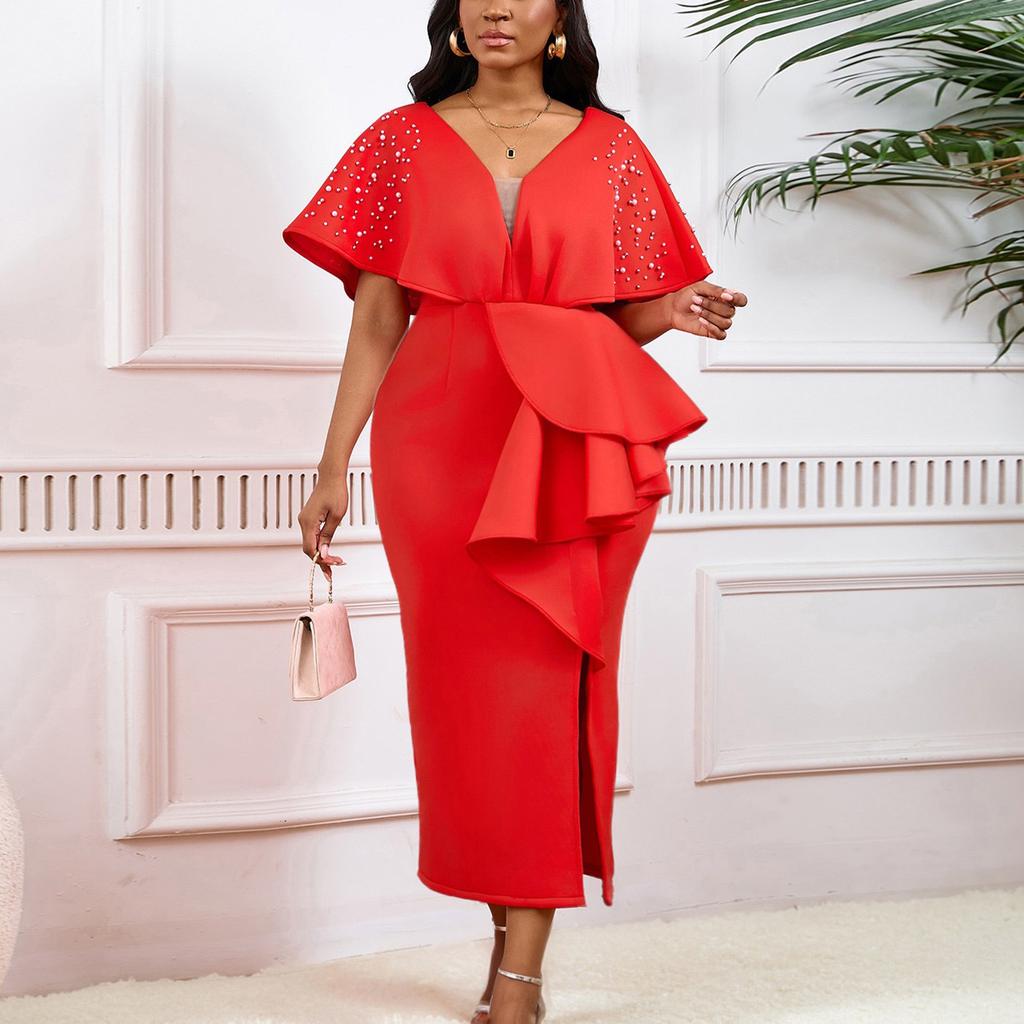 Elegant V Neck Dresses Women Summer Short Sleeve Ruffles Split Ankle Length Beaded Luxury Female Party Dress
