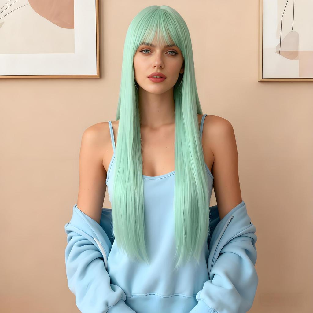 Minzgrüne Lange Gerade Anime Cosplay Perücke mit Luftigem Pony für Damen