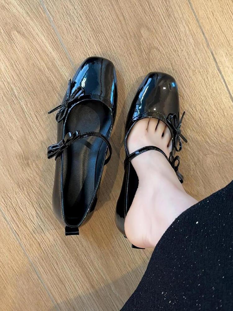 Blue Cabinet Edition~ Soft Leather French Retro Flat Bottom Bow Light Mouth Single Shoes Women's New Silver Mary Jane Evening Shoes