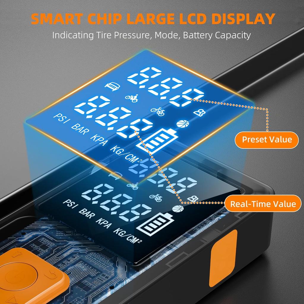 Startovací zdroj pro auto s kompresorem 150PSI, přenosný, 12V startovací box s chytrými startovacími kabely, displej tlaku v pneumatikách