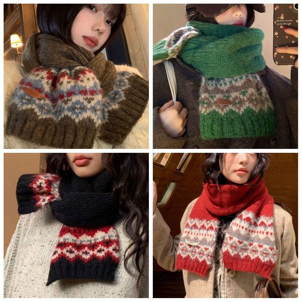 Wool Jacquard Knitted Scarf Plush Fair Isle Style Shawl Winter Cashmere Scarves Autumn Winter
