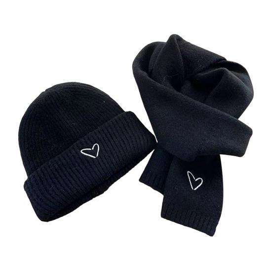2Pcs/Set Knitted Hat Scarf Set Heart Embroidery Pattern Kids Brimless Hat Long Scarf Set Soft Breathable Winter Accessory