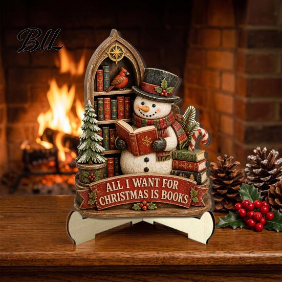 Holiday Tabletop Decorations 2D Flat Wooden Christmas Sign, Reading Gnome Nutcracker Snowman Santa Claus Ornaments Gingerbread Man Figurine,