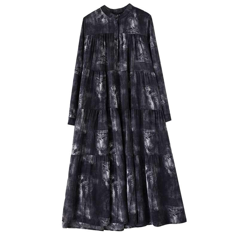 Nowe Sukienki w Dużym Rozmiarze, Luźne, Cienkie, Modne, z Długim Rękawem, Drukowane, o Długości Midi