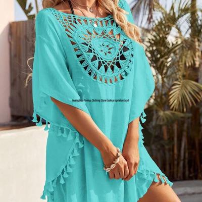 Hand-Crocheted Patchwork Beach Dress with Tassels - Sun Protection, Sexy Cover-Up