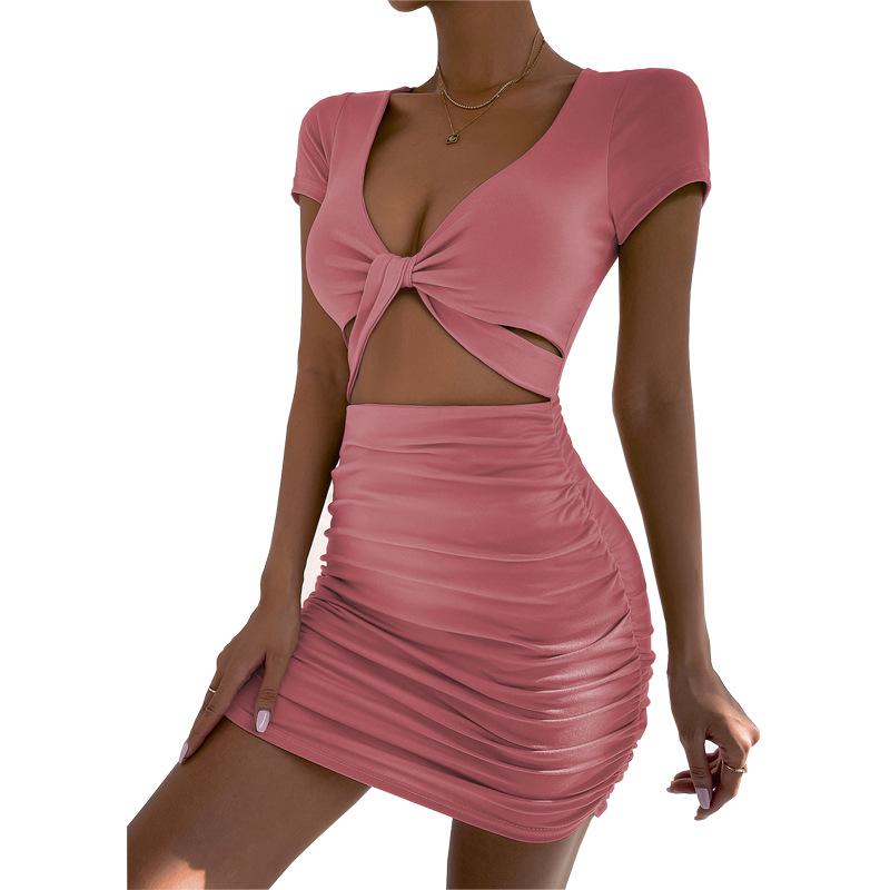 2026 Women's Sexy V-neck Cut-out Hip-hugging Summer Dress - European and American Style Short Sleeve.