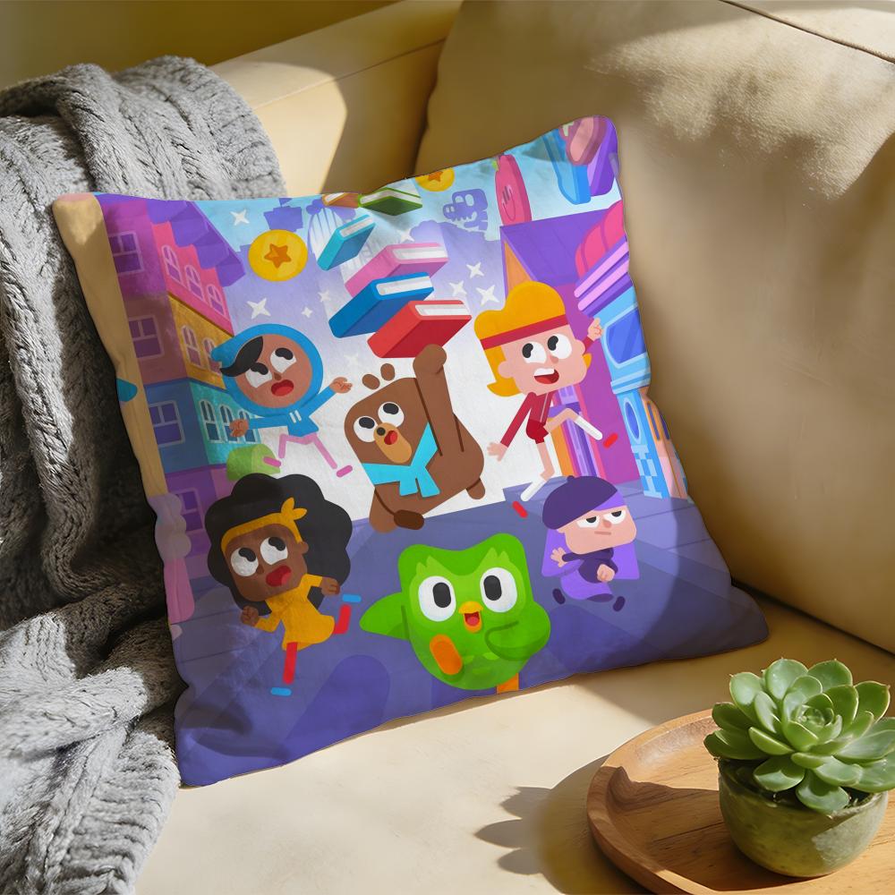 Cushion Cover Washed Linen Soft Breathable Decorative Case for Sofa Home Pillow cover Cute Cartoon Duolingos