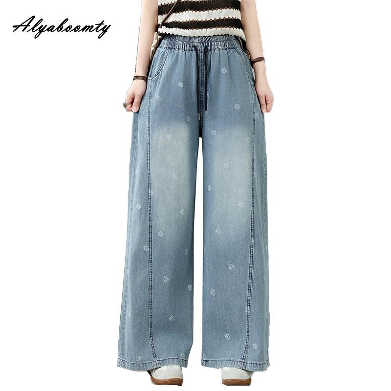 Plus Size Spring Autumn Women Wide Leg Jeans High Waist Drawstring Floral Print Casual Loose Straight Denim Pants Vintage Light Blue Basic Jeans