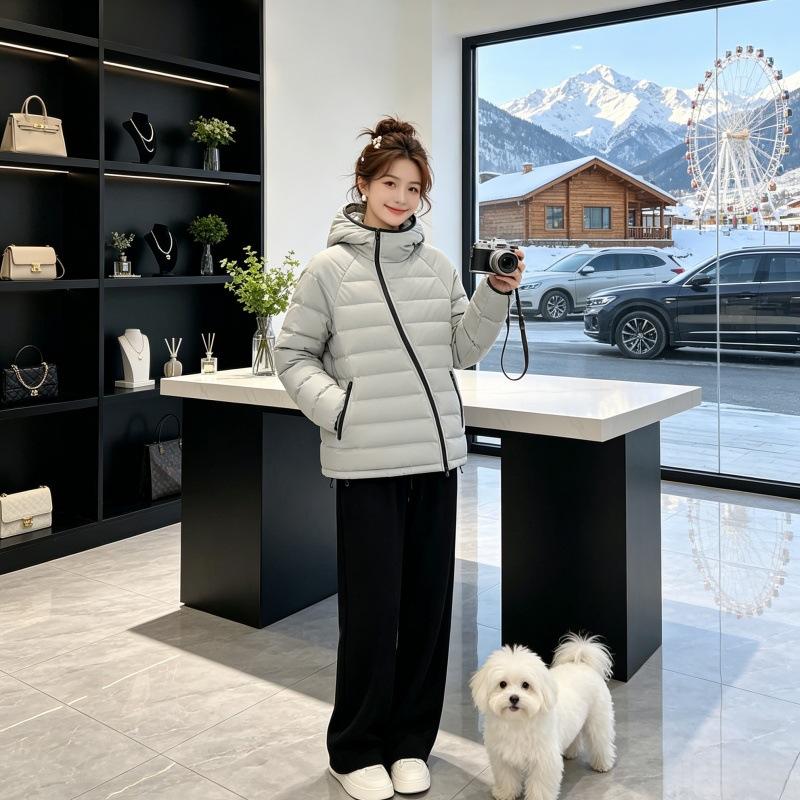 New oblique zipper ribs hooded couple cotton clothes women's fashion loose large size light cotton clothes