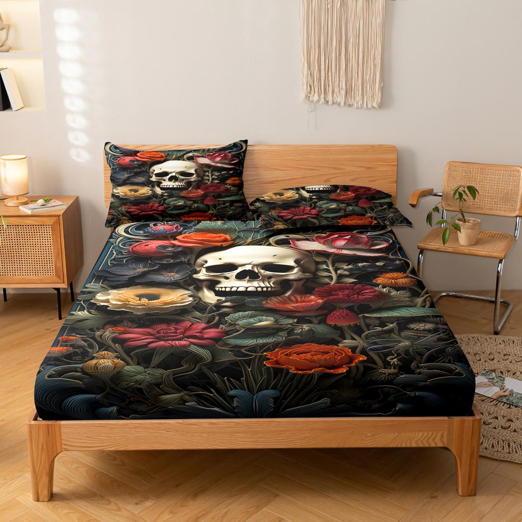 3-Piece Simple Modern Skull Animal Pattern Digital Printing Three Piece Fitted Sheet Set, Bedroom Printed Bed Cover Set, Bedding