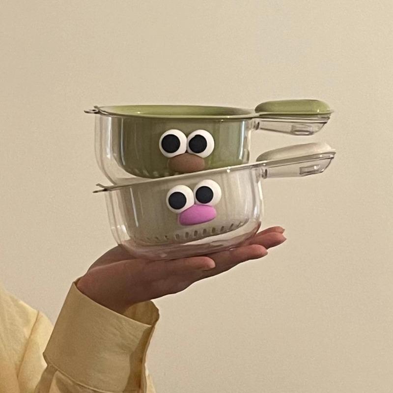 Cartoon Filter Fruit Strainer Double Layer Basket Plate With Handle Cute Plastic Bowl For Kitchens Home Uses