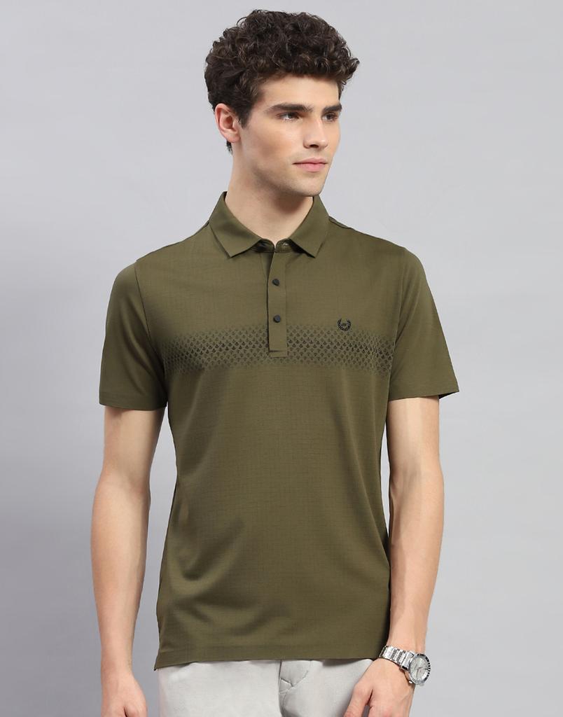 Monte Carlo Mens Olive Printed Polo Neck Half Sleeve T-shirt