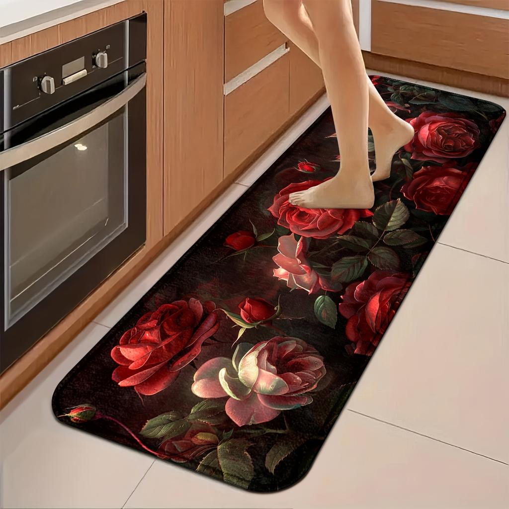 1Pcs Anti Fatigue Kitchen Rugs, Beautiful Roses Print Waterproof Non-Slip Thick Cushioned Kitchen Mat Heavy Duty Comfort Standing Mat for Kitchen