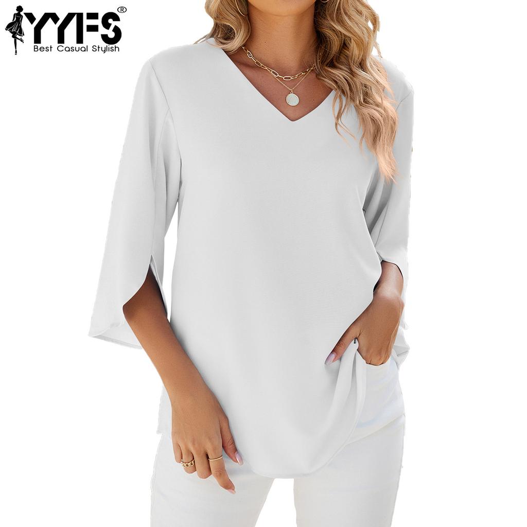 YYFS Women's Fashion Casual Summer Spring Solid Color Print Short Sleeve V-Neck Blouses & Shirts
