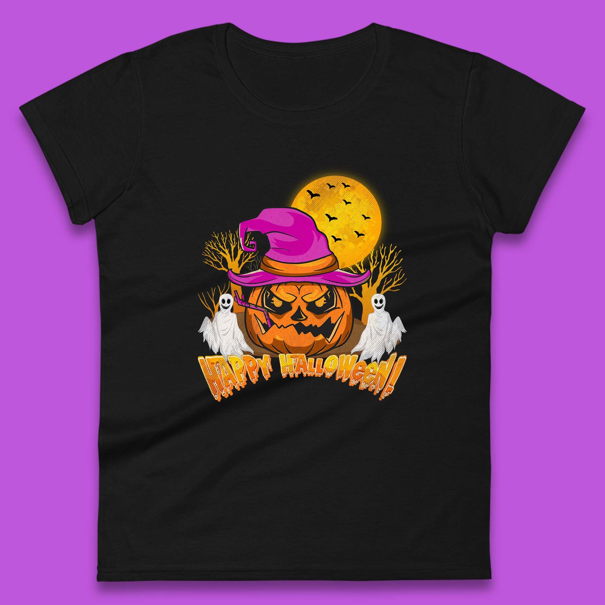 

Happy Halloween Pumpkin Witch Hat Jack-o -lantern With Full Moon Flying Bats Horror Scary Boo Ghost Womens Tee T Shirt Mens Tops Unisex Top 3XL