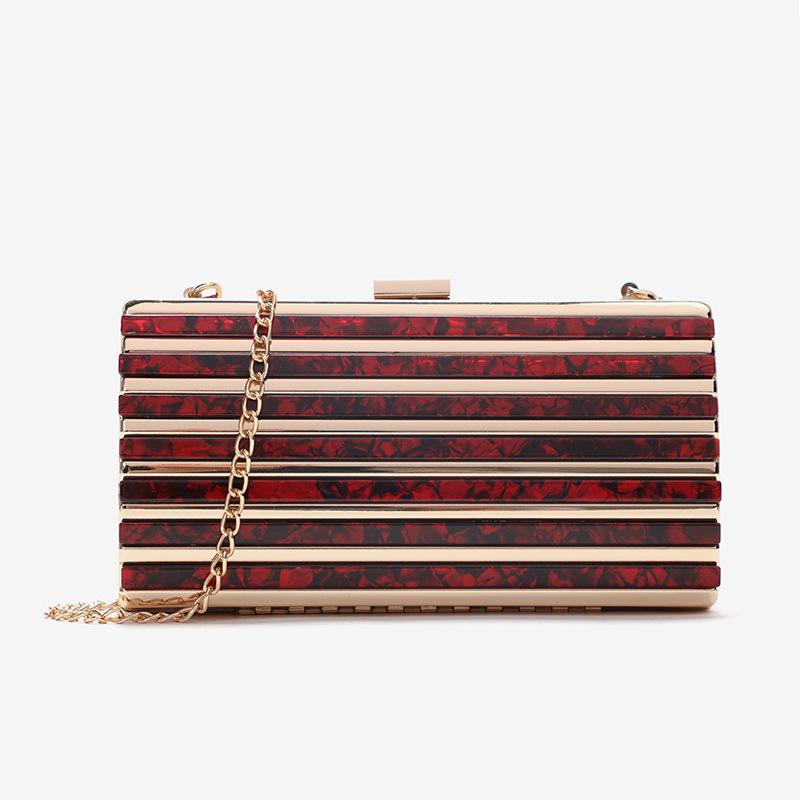 Women's Bag New Sweet Lady Metal Striped Small Square Bag Versatile Shoulder Messenger Chain Dinner Bag