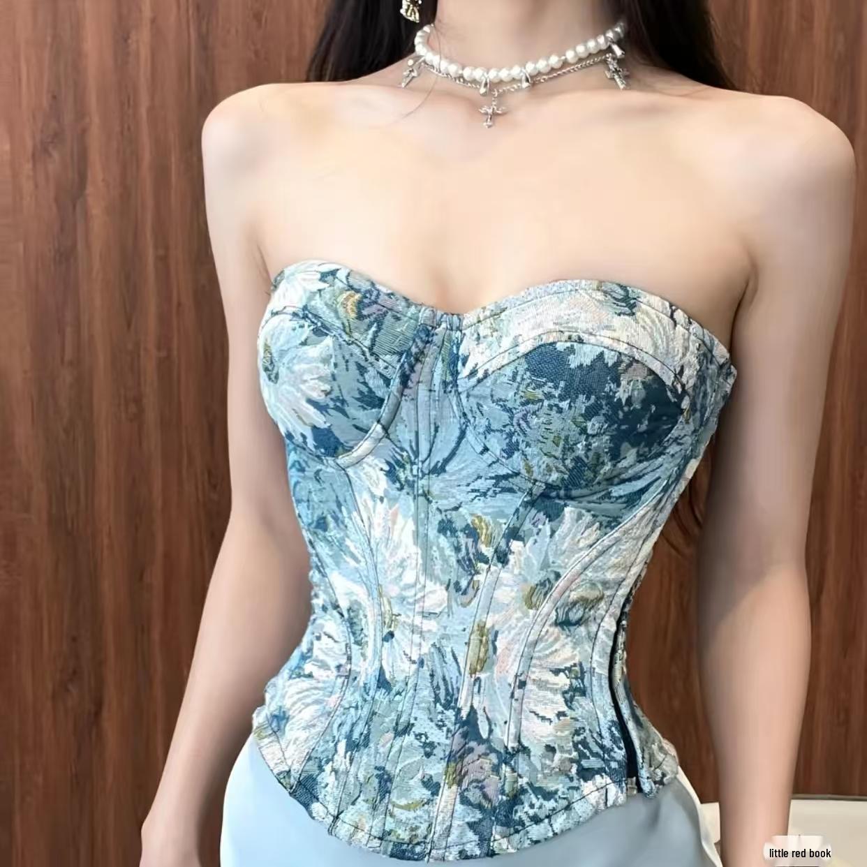 

French Jacquard Fishbone Corset Tank Top - Women s Floral Waist Cincher 25801 A/B Cup
