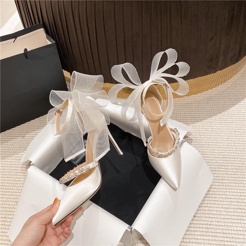 Fashion Rhinestone Bow High Heels 2025 Spring New Wedding Shoes Two-wear Celebrity Stiletto Buckle Strap Single Shoes