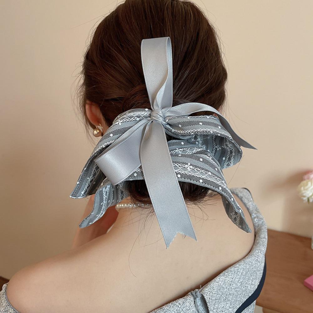 Elastische karierte Seidenband-Scrunchies Schleife Dickdarm-Haargummi Quadratisches Stoff-Haarband Täglich