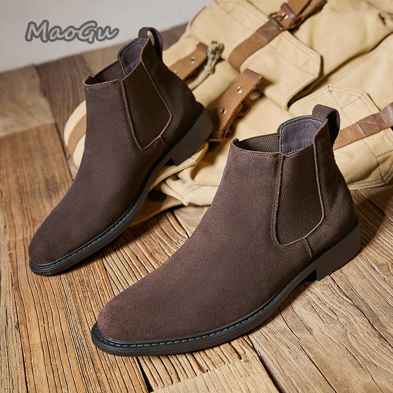 Fashion Suede Matte Chelsea Boots for Men High Top Leather Slip-on British Style Short Boots Elegant Spring Autumn Botas Para Hombre