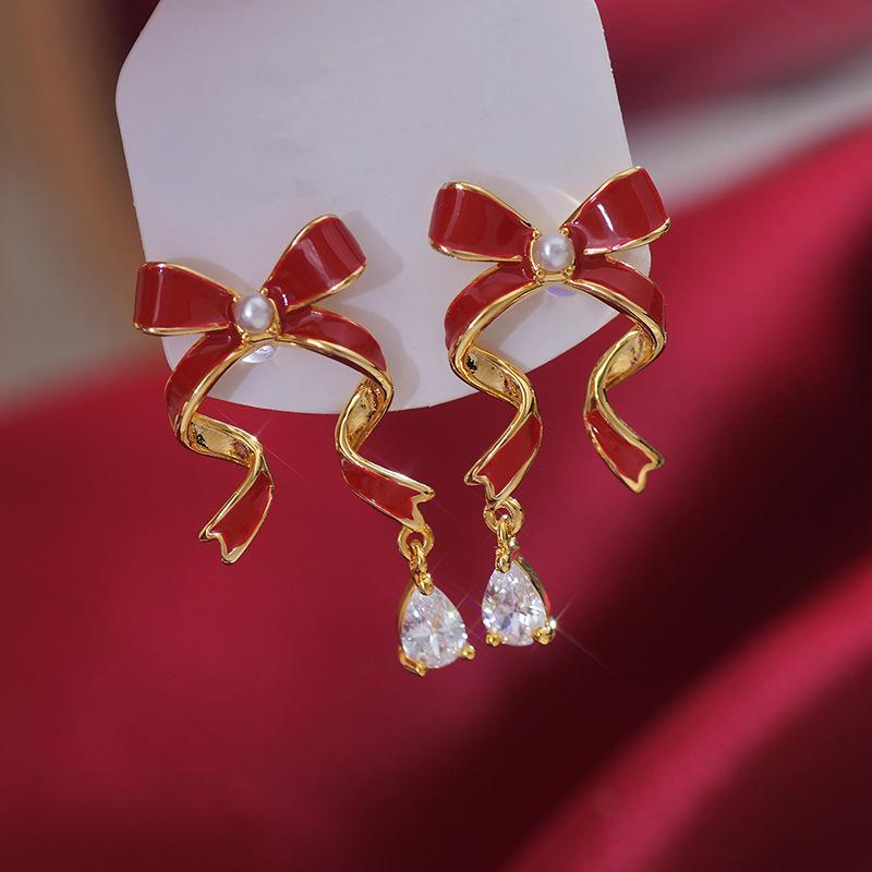 Super Immortal China Red Drop Oil Bow Earrings, Water Drop Zircon Pendant Earrings, Holiday Atmosphere Earrings