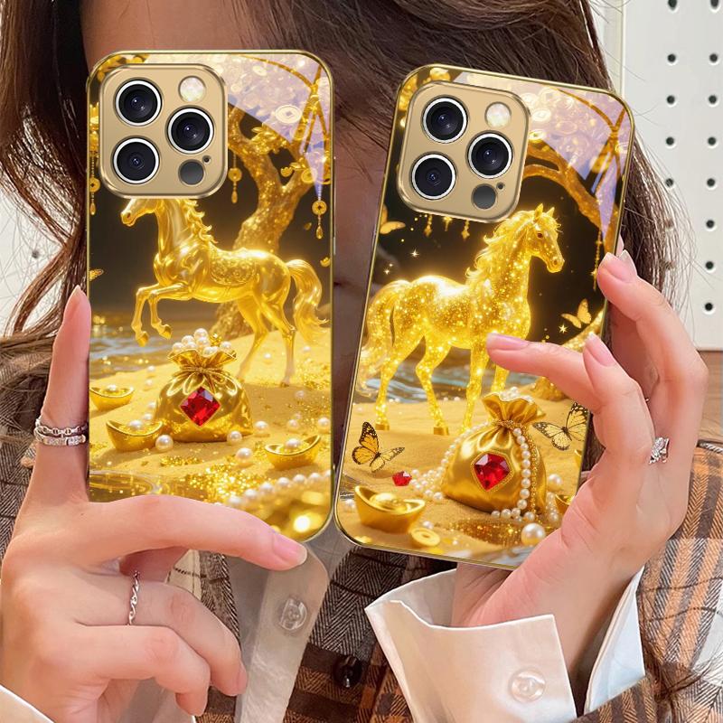 The Golden Fighting Horse For IPhone 16 17Pro Max 15 P ro 14 13 Plus 12 Mini 11Pro Max XR 16E 17 Air Golden glass phone case