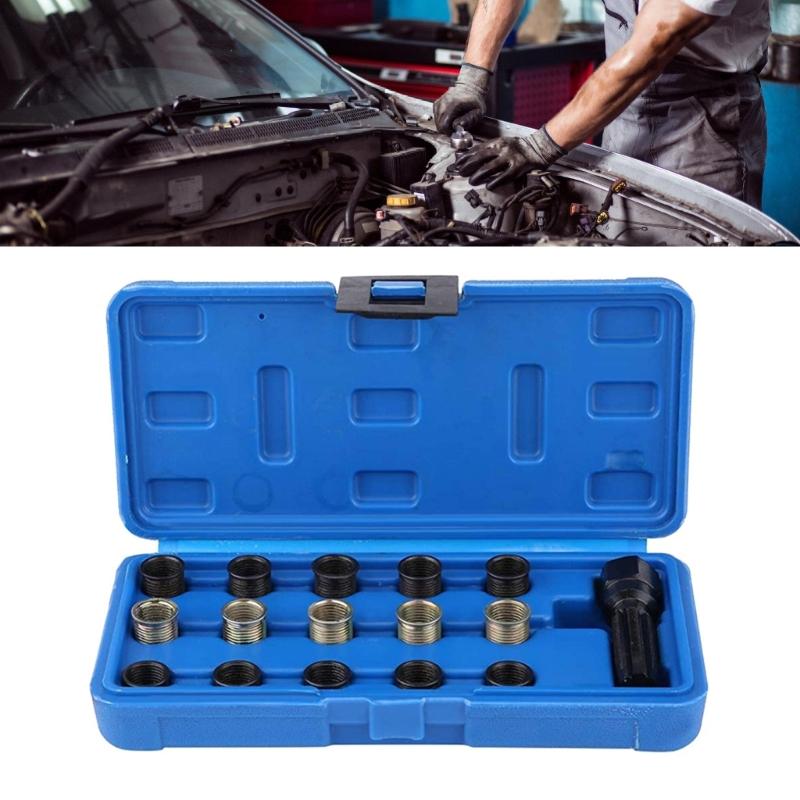 M14x1.25mm 14mm Spark Plugs Thread Repair Kit, 16Piece Steel Reamer Tap Set With Plastic Case For Automotive Maintenance