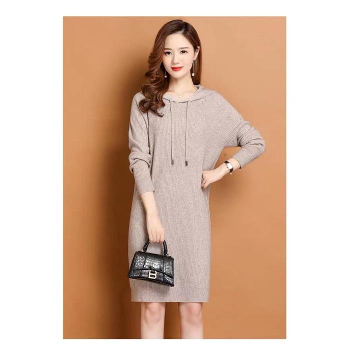 Early Autumn Hooded Knitted Dress Spring Autumn Medium and Long Autumn Slim Women's Dress 1 Color Sweater Dress