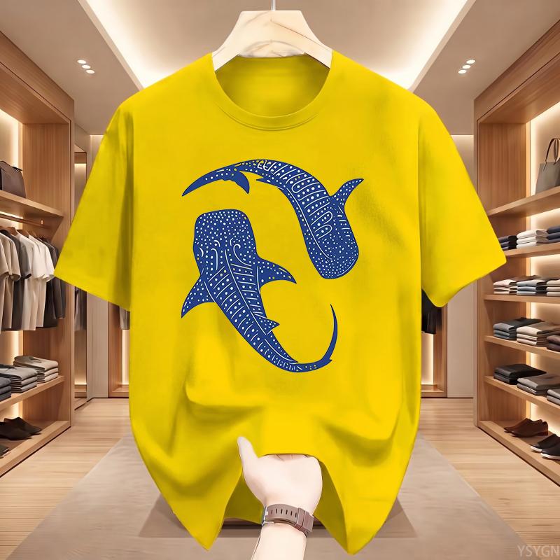 Men'S Print T-Shirt  Double Whale Totem Print Blue And White Contrast Design Casual Breathable