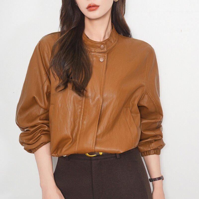 

Women s Lambskin Stand-Up Collar Short Leather Motorcycle Jacket, Loose Fit, Spring/Autumn 2026. Medium