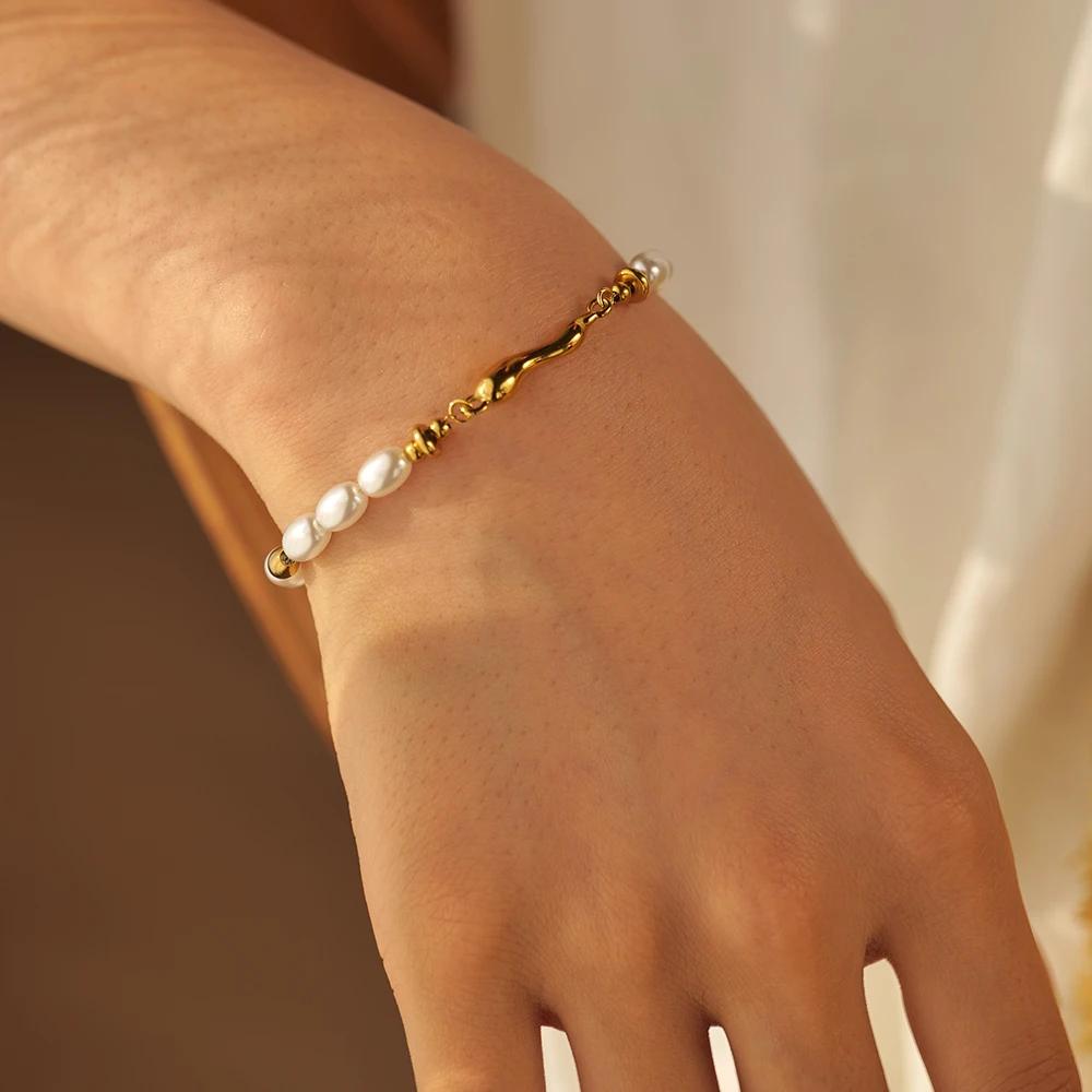 Glass Pearl Shaped Water Drop Cast Water Drop Bracelet Stainless Steel 18K Gold Plated Waterproof Summer Jewelry