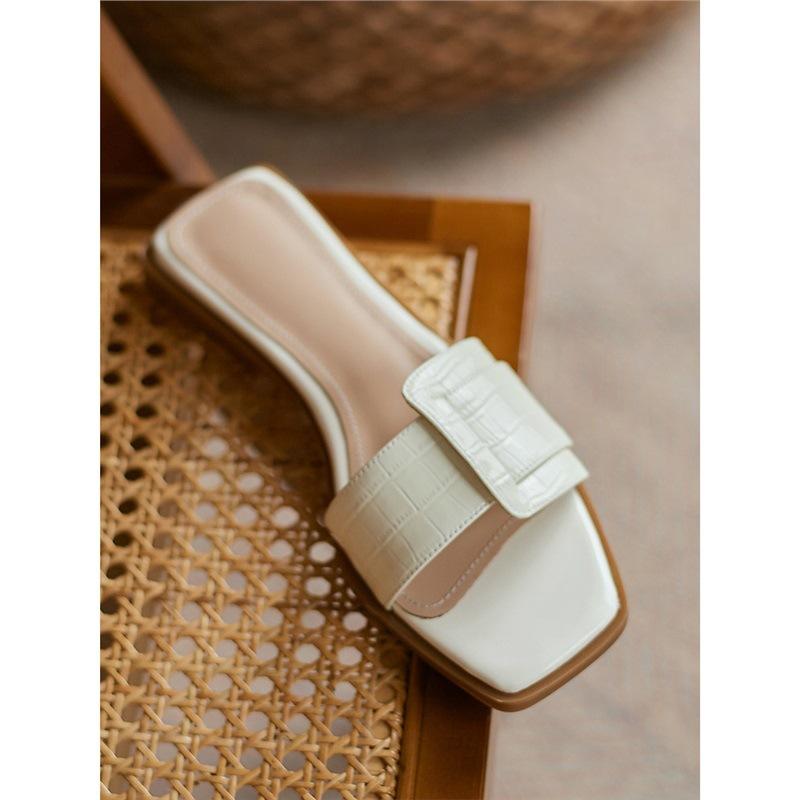 Green women's cool slippers casual square head lazy flat bottom 2022 summer new outer wear one word outer wear slippers