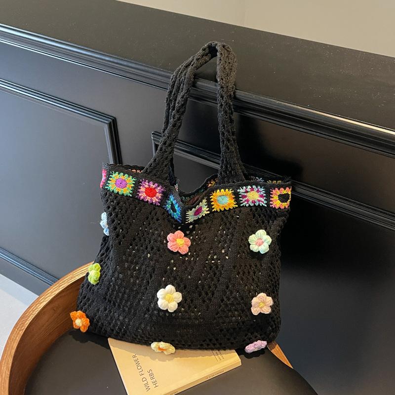 

Large capacity knitted woven bag women s summer new casual shoulder bag seaside vacation beach bag чёрный