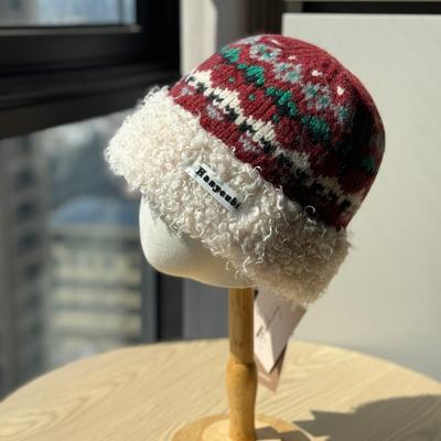 New Velvet Warm Knitted Hat for Women Retro Fair Isle Style Fashionable Fisherman Cold Hat Thickened Ear Protection Woolen Hat