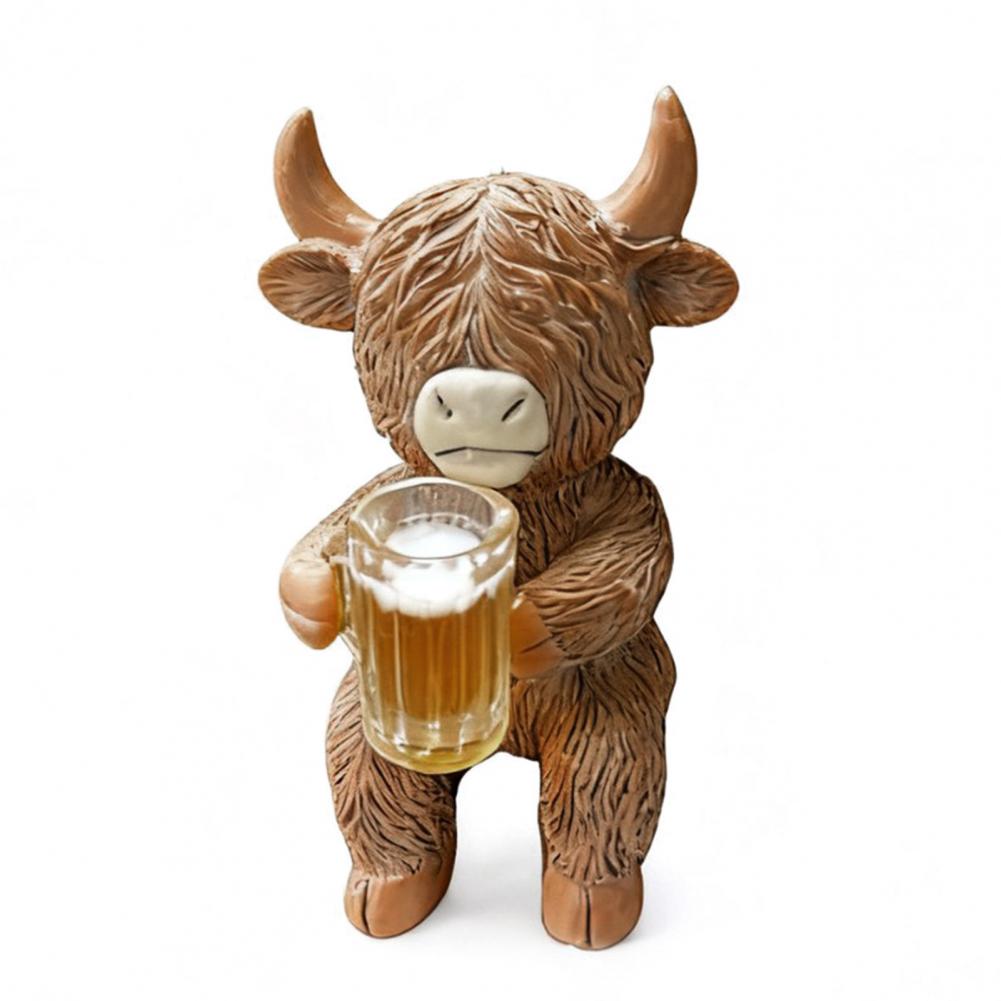 

Drinking Highland Cow Figurine Holding Wine Beer Cup Statue Resin Animal Sculpture Outdoor Garden Flower Pot Hugger Ornament