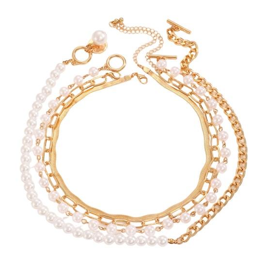 1 Ensemble Bracelet Collier Boucle OT Chaînes Cubaines Perles Imitation Collier à Longueur Réglable Bijoux à Superposer Cadeau