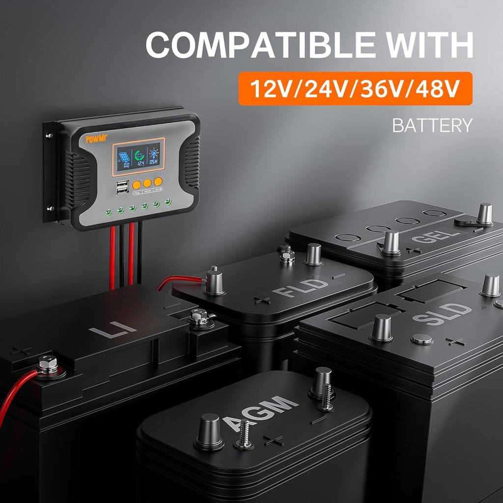 PowMr 30A PWM Solar Charge Controller, 12V 24V 36V 48V Auto, LCD Display and Dual USB Output, Fit for AGM, Gel, FLD, Lead-Acid and Lithium