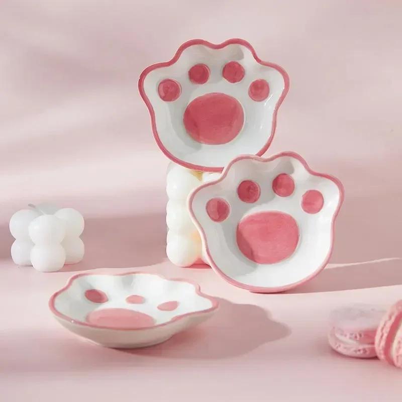 2026 Japanese Cute Cat's Paw Taste Dish Ceramic Cartoon Dessert Plate Soy Fruit Sauce Dish Seasoning Bowl Household Dip Dishes
