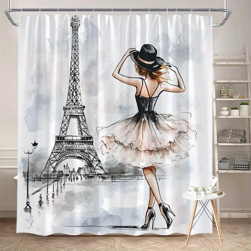 Elegant Parisian Shower Curtain - Woman & Eiffel Tower Design with Pastel Sky, Dreamy Look, Washable Polyester W90xH180cm
