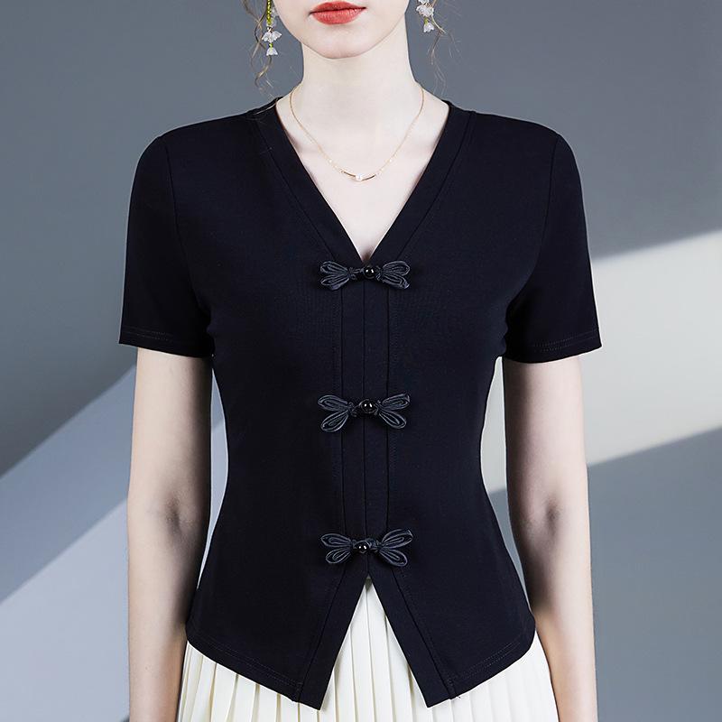 

2024 Summer V-Neck Cotton T-Shirt with Bow Button - Women s Fashion Top чорний